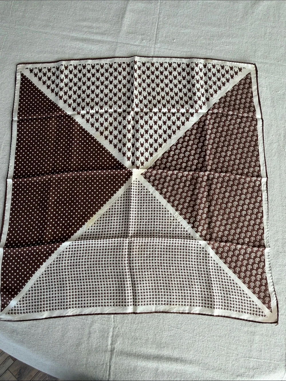MCM Silk Cream and Chocolate Brown Paisley, Houndstooth & Polka Dot Scarf